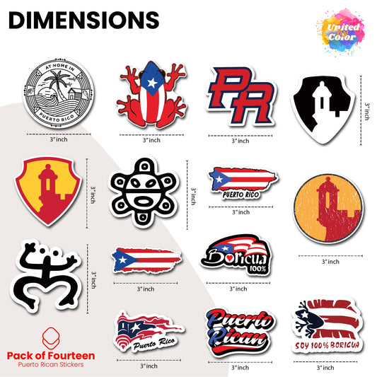 Puerto Rico Stickers, 14 Pack, 3-Inch Vinyl Decals, Waterproof Puerto Rico stickers; Puerto Rican stickers for cars & laptops; durable vinyl with flag, Coqui & Taino designs