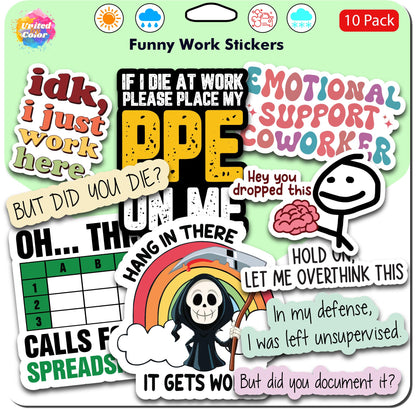 Funny Work Stickers (10 Pack)  - Fade Resistant - Waterproof
