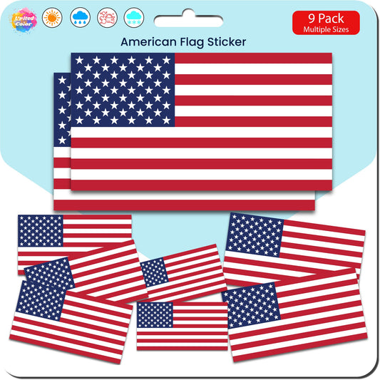 American Flag Sticker (9 Pack) - Fade Resistant - Waterproof