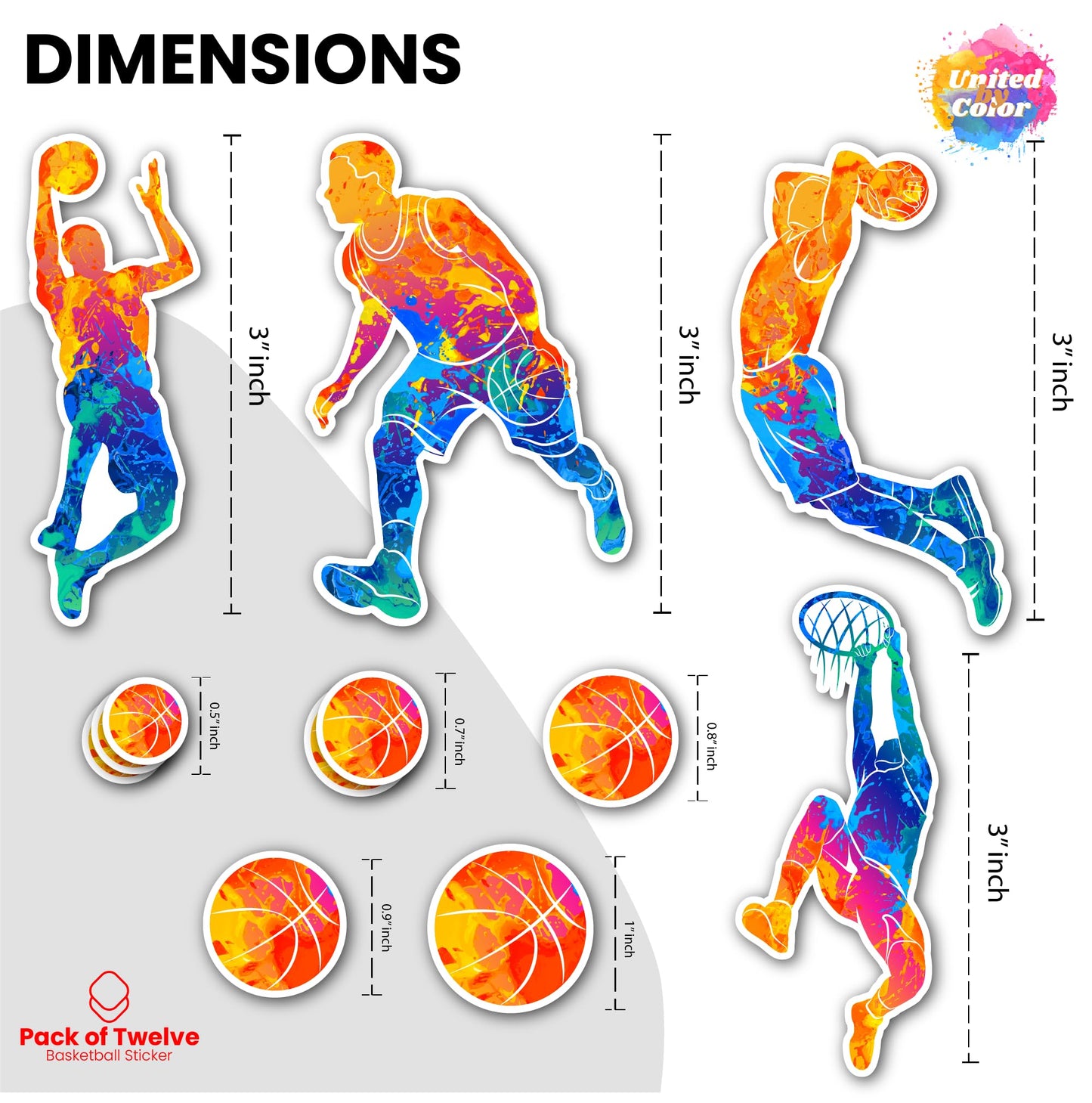 Basketball Stickers (12 Pack) - Fade Resistant - Waterproof