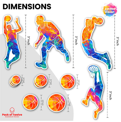 Basketball Stickers (12 Pack) - Fade Resistant - Waterproof