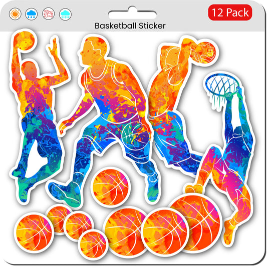 Basketball Stickers (12 Pack) - Fade Resistant - Waterproof